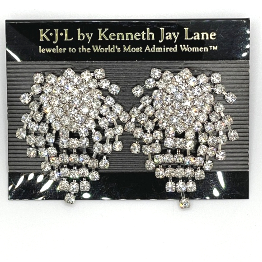 Kenneth Jay Lane KJL Pierced Rhinestone Waterfall Earrings Statement